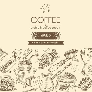 Kahve aletleri ve içecekler. Kahve makinesi, hediye, tohum. El çizimi eskiz. Vektör illüstrasyonu.