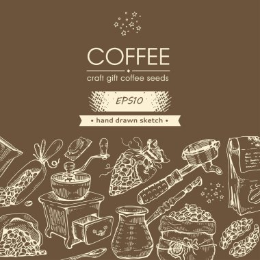 Kahve makinesi, hediye. Kahve çekirdekleri ve aletler. El çizimi eskiz. Vektör illüstrasyonu.