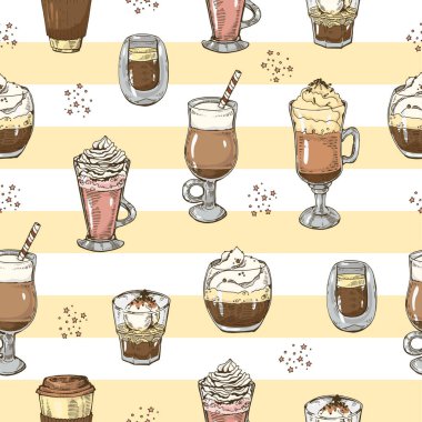Doğrusal arkaplanda kusursuz kahve kalıpları. El çizimi çizimi, vektör illüstrasyonu.