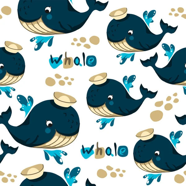 Seamless pattern in cartoon style, children's theme with fun and attractive whale. Vector illustration without outlines on a solid background.