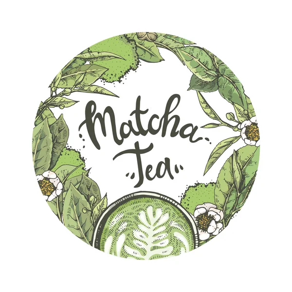 Thé Matcha Feuilles Rond Dessiné Main Emblème Illustration Vectorielle — Image vectorielle