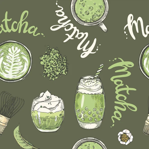 Motif Sans Couture Dessiné Main Cocktails Matcha Desserts Illustration Vectorielle — Image vectorielle