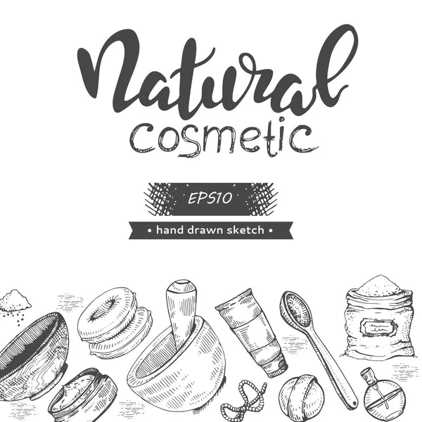 Sfondo Con Accessori Cosmetici Naturali Lettering Cosmetico Naturale — Vettoriale Stock