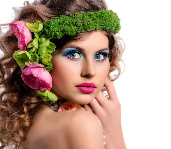 Beauty Portrait Young Cute Model Bright Makeup Flowers Her Hair Royalty Free Stock Images