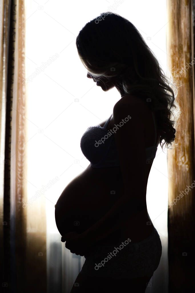 Silhouette of a pregnant woman near the window. Beauty and tender motherhood.