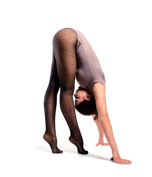 Gymnast Bodysuit Performs Head Stance Stretching Exercises Training Acrobatics Elements — Stock Photo, Image
