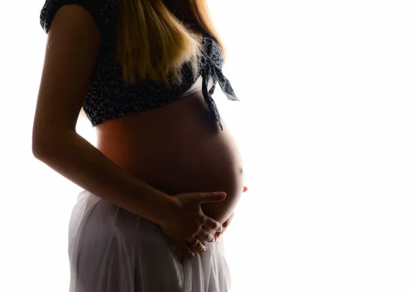 Silhouette Ritagliata Una Giovane Donna Incinta Isolata Uno Sfondo Bianco — Foto Stock