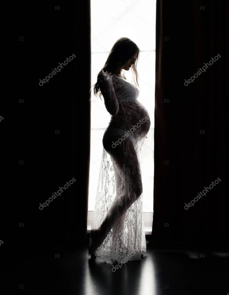Silhouette of a beautiful pregnant woman near the window. Beauty and tender motherhood