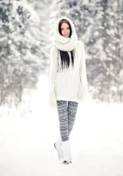 Χειμώνας Μελαχρινή Νεαρή Γυναίκα Ζεστό Πουλόβερ Λευκό Κασκόλ Πορτραίτο Ομορφιάς — Φωτογραφία Αρχείου