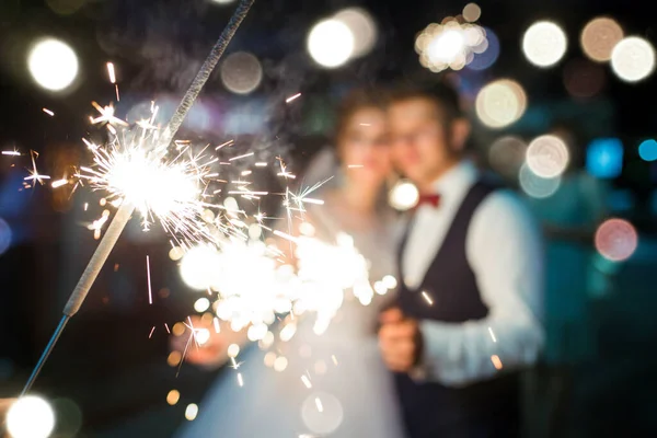 Colorful Blurry Fireworks Beautiful Night Newlyweds Love — Stock Photo, Image