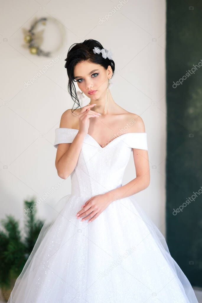Attractive bride with wedding makeup and fashion hairstyle. Gorgeous young woman in a white dress with a jewelry in her hair