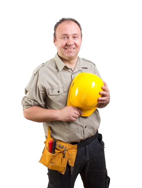 Trabajador sosteniendo casco aislado sobre fondo blanco — Foto de Stock