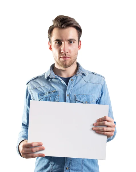 Man showing a blank paper, two clipping paths included Stock Image