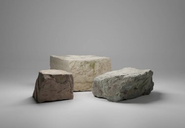 Üç büyük taştan yapılmış ürün sunumu için podyum. Podyum ekranı hazır. Moda minimalist afiş. 3 boyutlu illüstrasyon. 3 Boyutlu Hazırlama.
