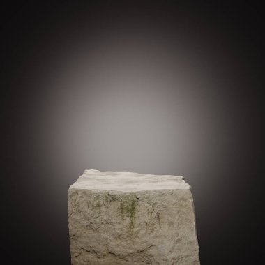 Büyük kayadan yapılmış ürün sunumu için podyum. Podyum gösterisi. Moda minimalist afiş. 3 boyutlu illüstrasyon. 3 Boyutlu Hazırlama.