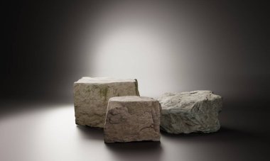Üç büyük taştan yapılmış ürün sunumu için podyum. Podyum ekranı hazır. Moda minimalist afiş. 3 boyutlu illüstrasyon. 3 Boyutlu Hazırlama.