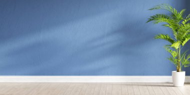 Bitkisi ve mavi duvarı olan boş bir oda. 3 boyutlu görüntüleme. 3B illüstrasyon.