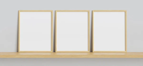Three simple photo mockup frames shelf. Clipping path included 3D render. 3D illustration.