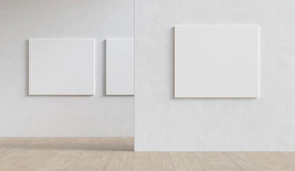 Galerie Tentoonstellingsinterieur Met Drie Blanco Mockup Doeken Presentatie Concept Weergave — Stockfoto