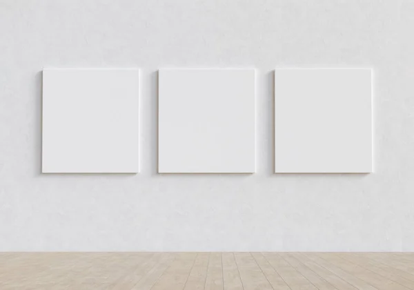 Gallery Exhibition Interior Three Blank Mockup Canvases 표현의 렌더링 — 스톡 사진