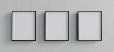 Beton duvara asılı üç boş maket poster. 3 boyutlu görüntüleme. 3B resim.