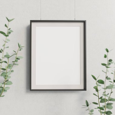 Bitki dallarıyla süslenmiş beton duvara asılı boş bir maket poster. 3 boyutlu görüntüleme. 3B resim.