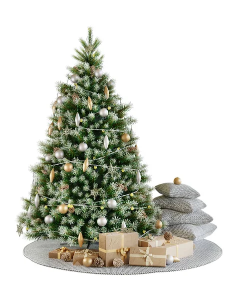 Árvore Natal Tapete Redondo Decoração Ouro Prata Presentes Goxes Isolado — Fotografia de Stock