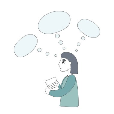 Düşünen bir kız ve boş bir konuşma balonu. Hayaller, planlar, hedefler ve dilek listesi. Düşünceler için bulut, metin için yer. Doodle tarzı..