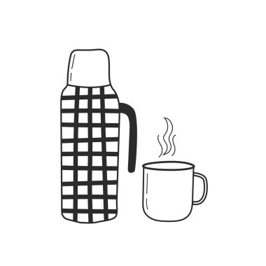 Thermos with a mug. Hand drawing style, doodle. The concept of a hike, travel, tourism. Vector illustration.