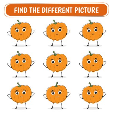 Çocuklar için oyun. Aynı balkabaklarından farklı bir kabak bul. Vektör illüstrasyonu