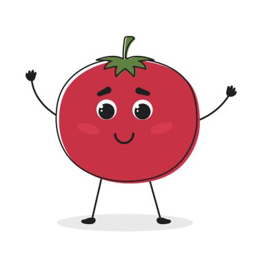 Domates. Çizim stili. Sevimli komik sebze. Menü, ambalaj, logo ve tişörtler için vektör illüstrasyonu.