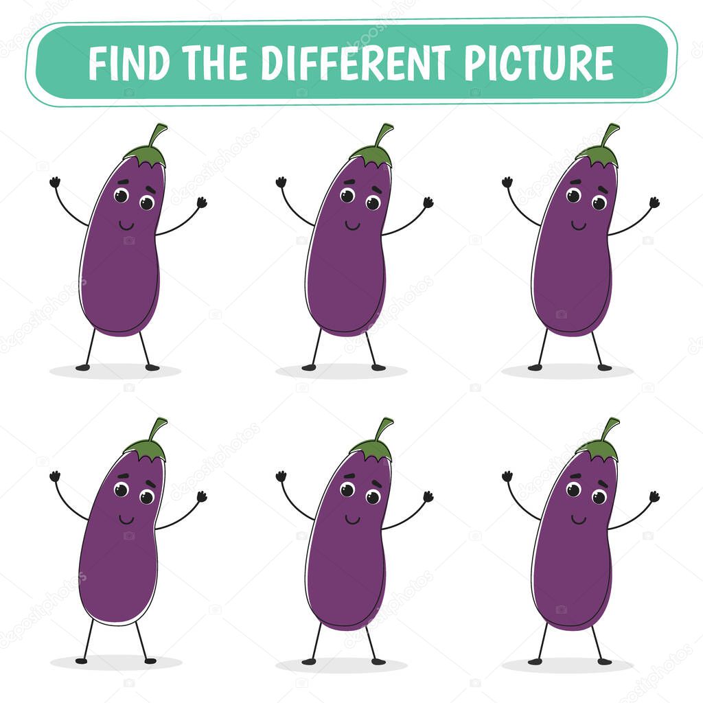 Game for kids. Find a different Eggplant among the same ones. Vector illustration