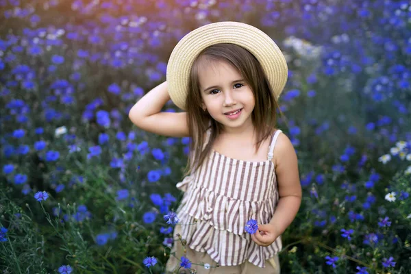 Linda Niña Sombrero Encuentra Campo Acianos —  Fotos de Stock