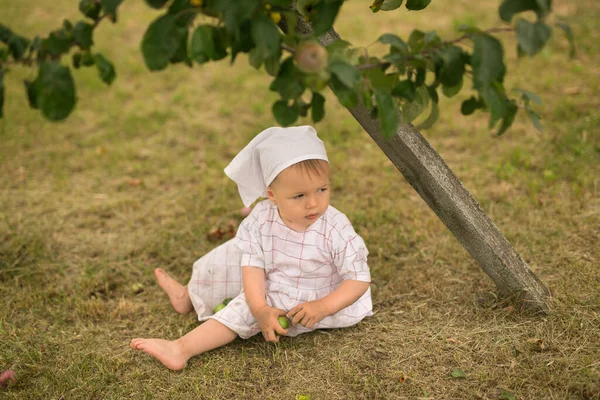 Anak Itu Duduk Rumput Bawah Pohon Apel Gadis Itu Memegang — Stok Foto