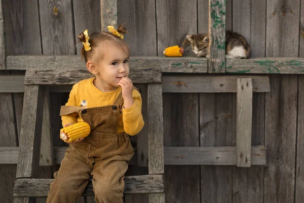 Uma Menina Alegre Senta Uma Escada Madeira Come Milho Gatinho — Fotografia de Stock