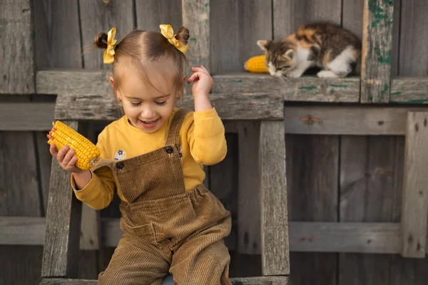 Uma Menina Alegre Senta Uma Escada Madeira Come Milho Gatinho — Fotografia de Stock