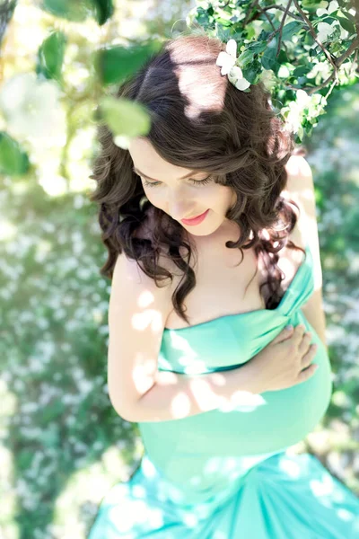 Pregnant Girl Stands Blooming Apple Orchard Rays Sun Portrait Beautiful — Stock Photo, Image