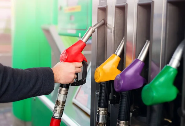 Closeup Male Hand Holding Gas Red Pump Nozzle Gas Station — Stock Photo, Image