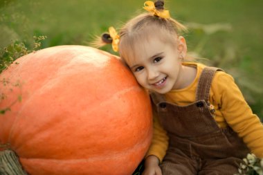Küçük tatlı bir kız oturmuş, kocaman bir portakal kabağına yaslanıyor..