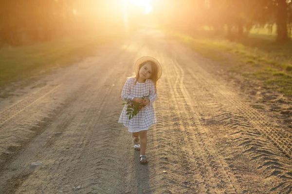 Uma Menina Chapéu Com Buquê Cinza Montanha Corre Uma Estrada — Fotografia de Stock