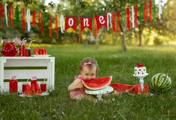 Celebrar Primer Cumpleaños Niño Naturaleza Con Pastel Sandías Chica Muerde —  Fotos de Stock