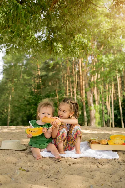 Picknick Sandstrand Das Ältere Mädchen Beißt Ihrer Kleinen Schwester Ein — Stockfoto