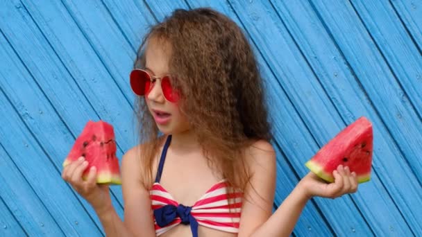 Girl Savors Piece Ripe Juicy Sweet Watermelon Pleasure Curly Stylish — Stock Video