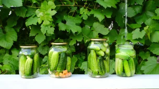 Een Vrouw Bereidt Komkommers Blik Giet Marinade Een Pot Met — Stockvideo