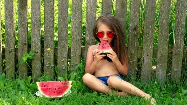 Curly Haired Cute Girl Red Sunglasses Sitting Old Fence Eating — Stock Video