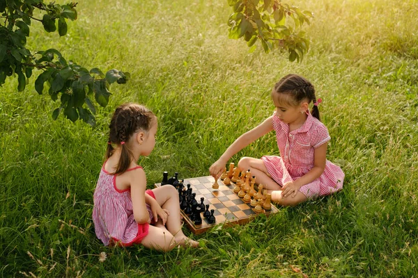Две Маленькие Девочки Играют Шахматы Парке Природе Деревом Старая Деревянная — стоковое фото