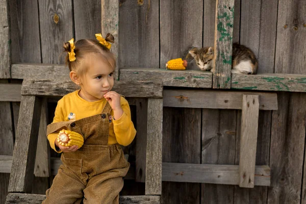 Una Bambina Seduta Una Scala Legno Con Gattino Tre Persone — Foto Stock