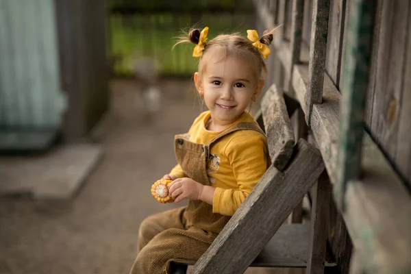 소녀가 옥수수를 곁들인 사다리 작업복을 이상하고 귀여운 소녀가 옥수수를 닭에게 — 스톡 사진