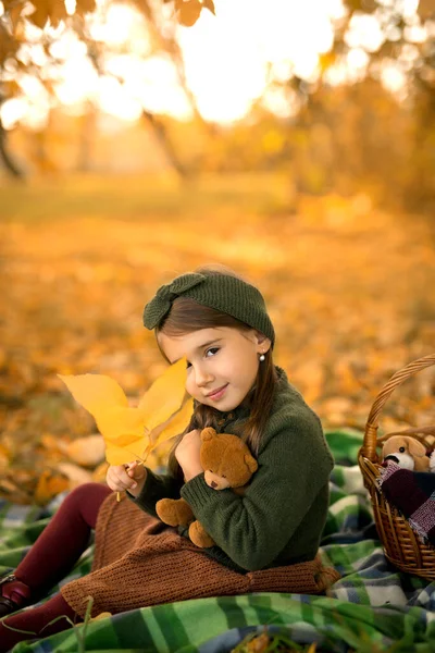 Uma Menina Pequena Bonito Está Sentado Cobertor Parque Com Urso — Fotografia de Stock