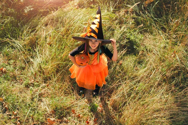 Una Niña Con Disfraz Bruja Carnaval Gran Sombrero Está Pie —  Fotos de Stock